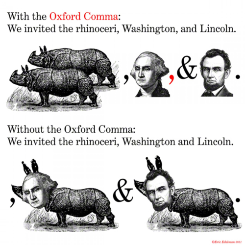 "With the Oxford Comma: we invited the rhinoceri, Washington, and Lincoln. Illustration of two rhinos, a comma, President Washington's profile, a comma, an ampersand, and President Lincoln's profile. Without the Oxford Comma: We invited two rhinoceri, Washington and Lincoln. Illustration of a rhino with President Washington's head, an ampersand, and a rhino with President Lincoln's head. Credited to Eric Edelman, 2011."