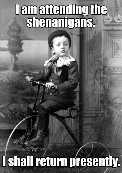“Vintage photograph of a young boy on a tricycle captioned I am attending the shenanigans. I shall return presently.”